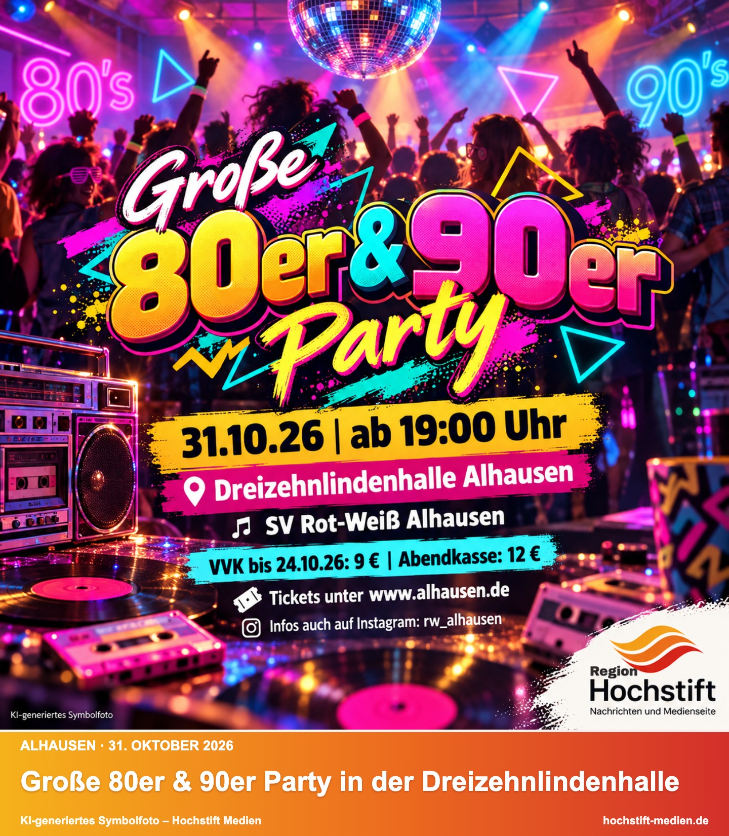 KI-generiertes Symbolfoto: Große 80er & 90er Party in Alhausen am 31. Oktober 2026 – Kurzinfo: Große 80er & 90er Party in der Dreizehnlindenhalle