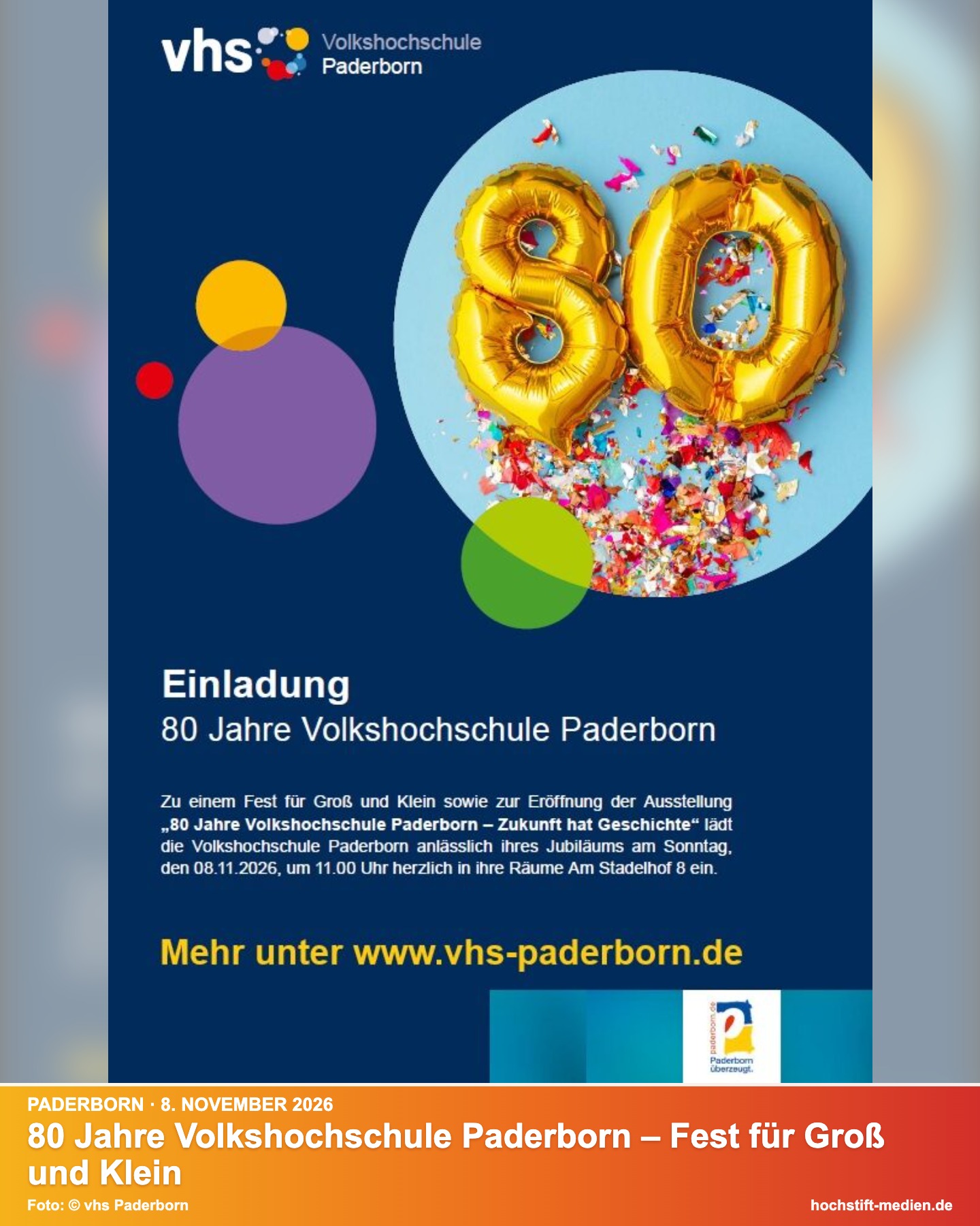 Plakat 80 Jahre vhs – Kurzinfo: 80 Jahre Volkshochschule Paderborn – Fest für Groß und Klein