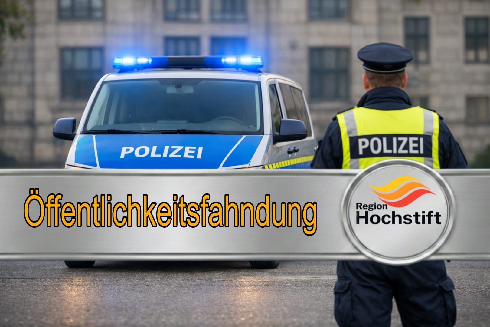 Symbolfoto Öffentlichkeitsfahndung: Polizeifahrzeug und Polizist