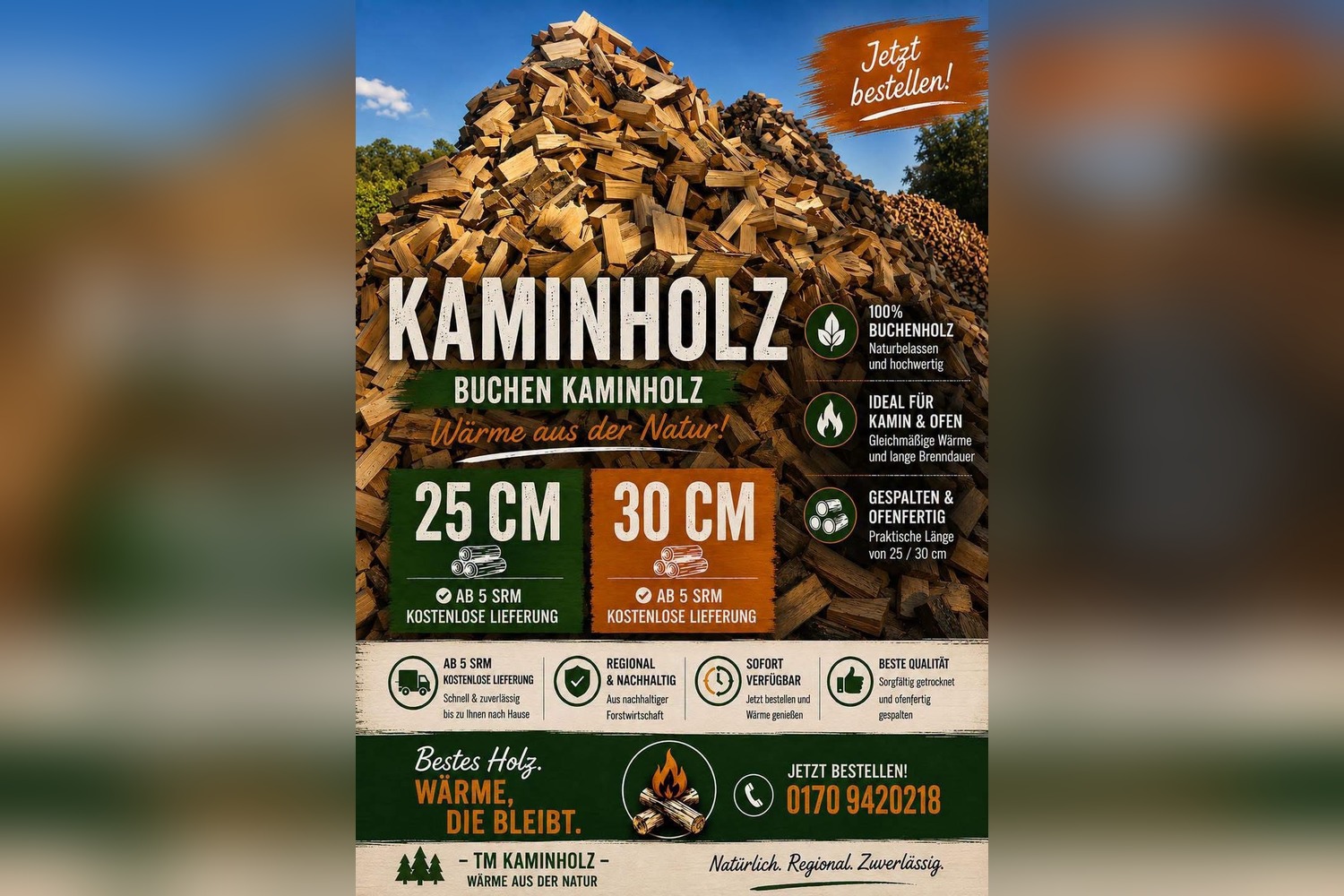 Werbeplakat von TM Kaminholz: Buchen-Kaminholz 25 und 30 Zentimeter, ab 5 Raummeter kostenlose Lieferung