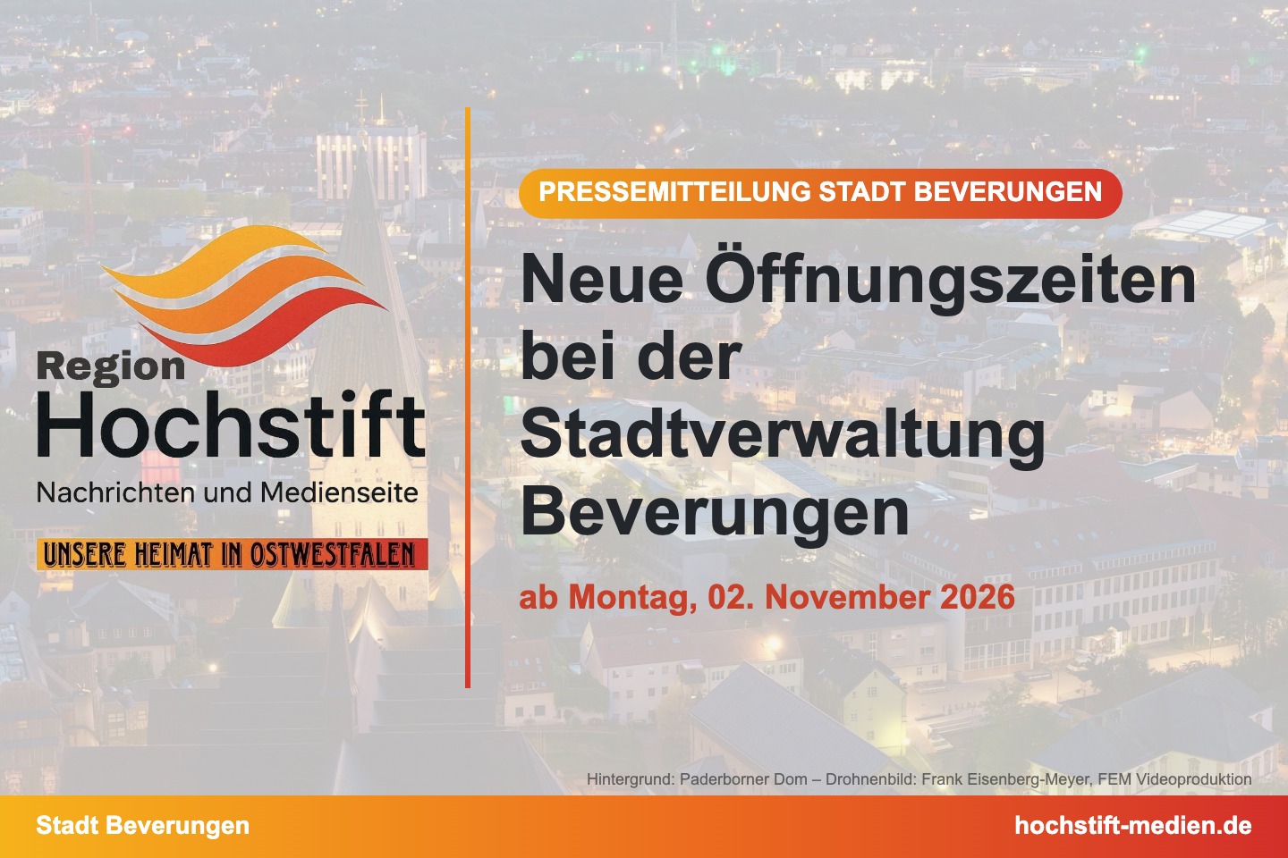 Grafik Hochstift Medien: Neue Öffnungszeiten bei der Stadtverwaltung Beverungen – ab Montag, 02. November 2026