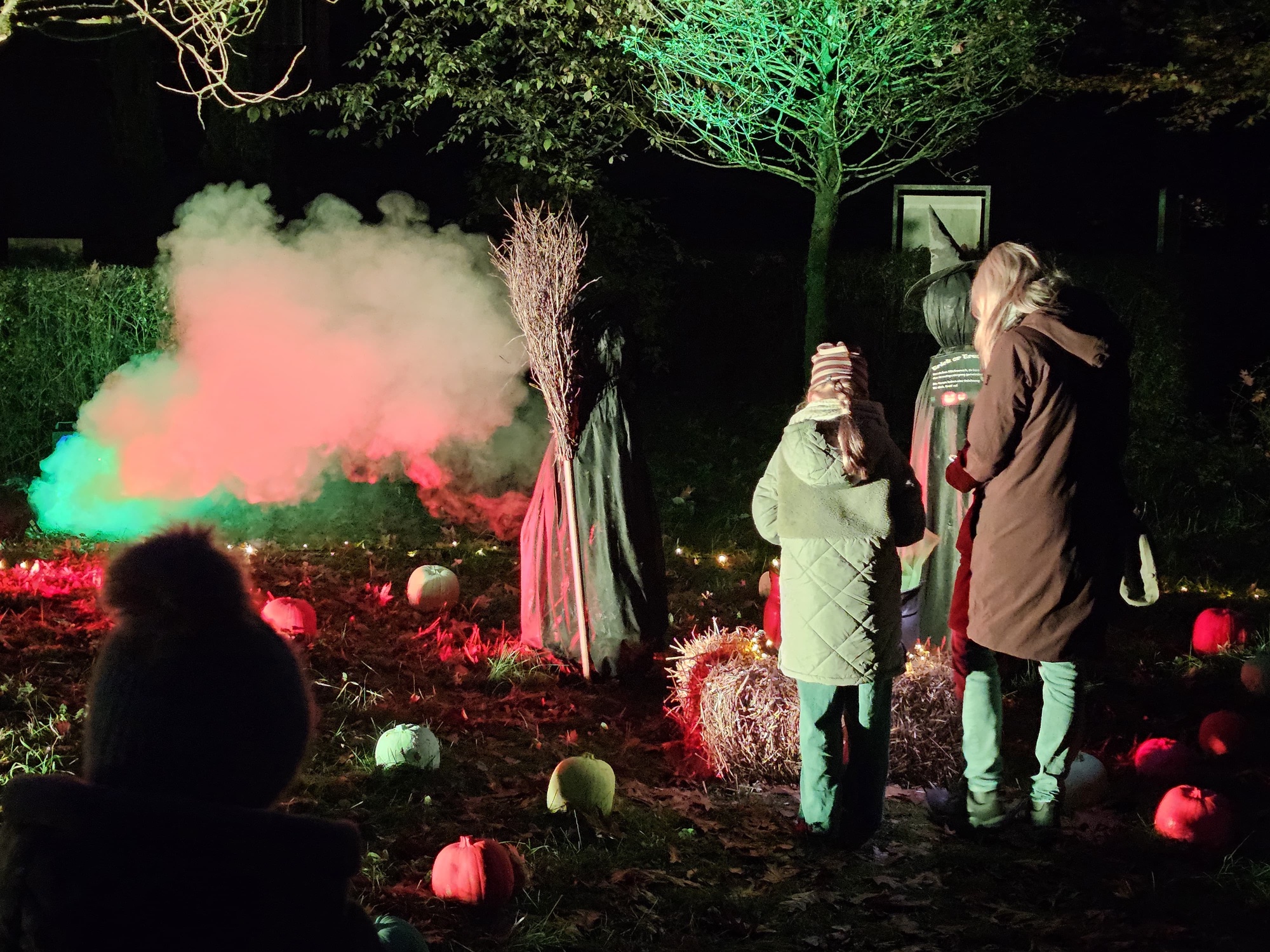 Besucher vor nebligen Schleiern und Hexenfiguren im Park