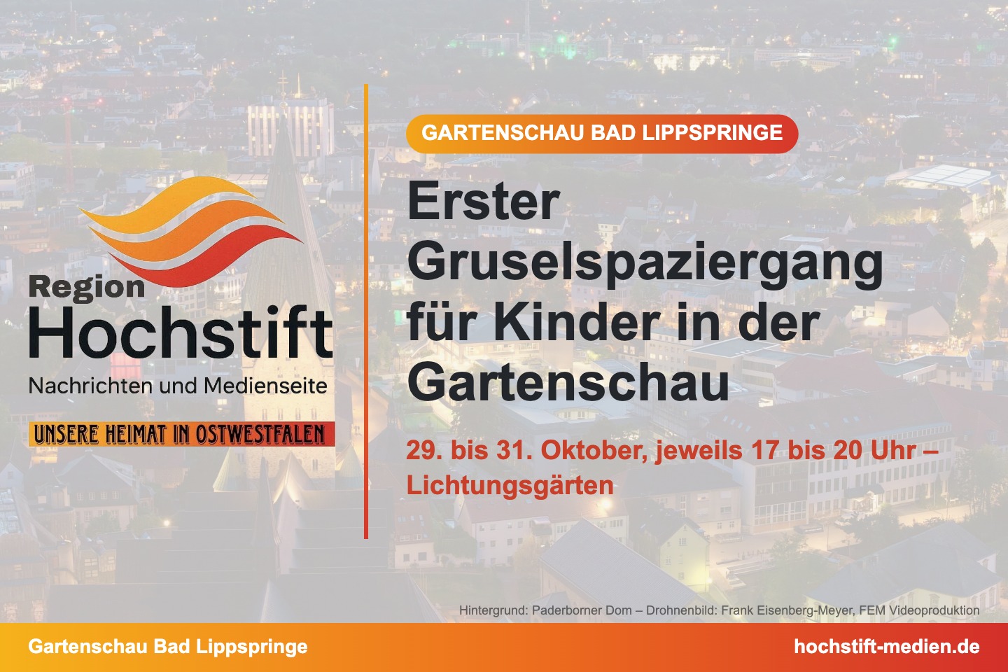 Grafik Hochstift Medien: Erster Gruselspaziergang für Kinder in der Gartenschau – 29. bis 31. Oktober, jeweils 17 bis 20 Uhr – Lichtungsgärten
