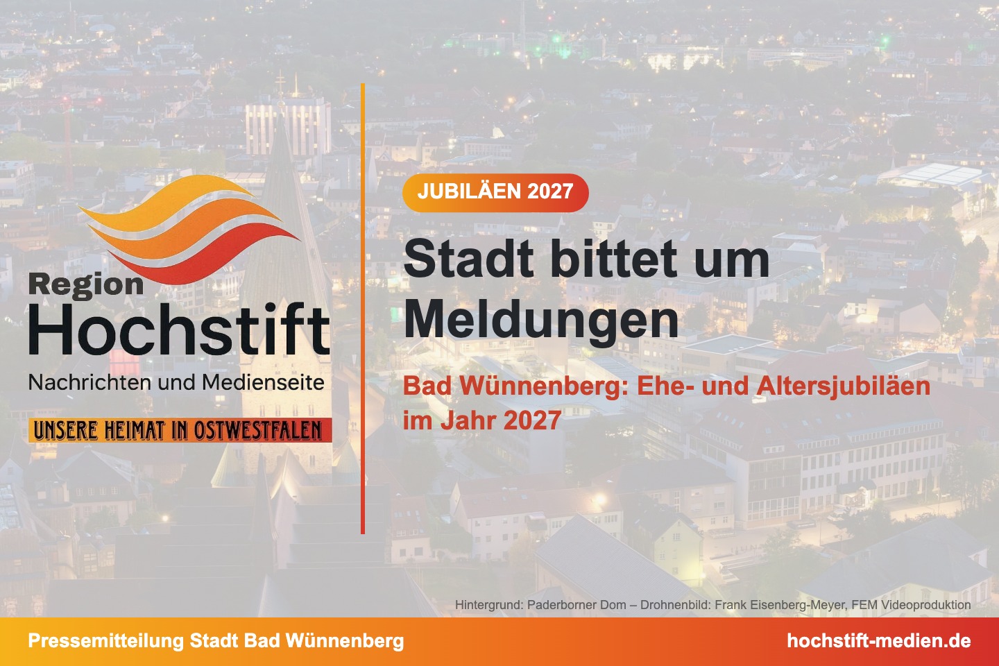 Grafik: Jubiläen im Jahr 2027 – Stadt Bad Wünnenberg bittet um Meldungen