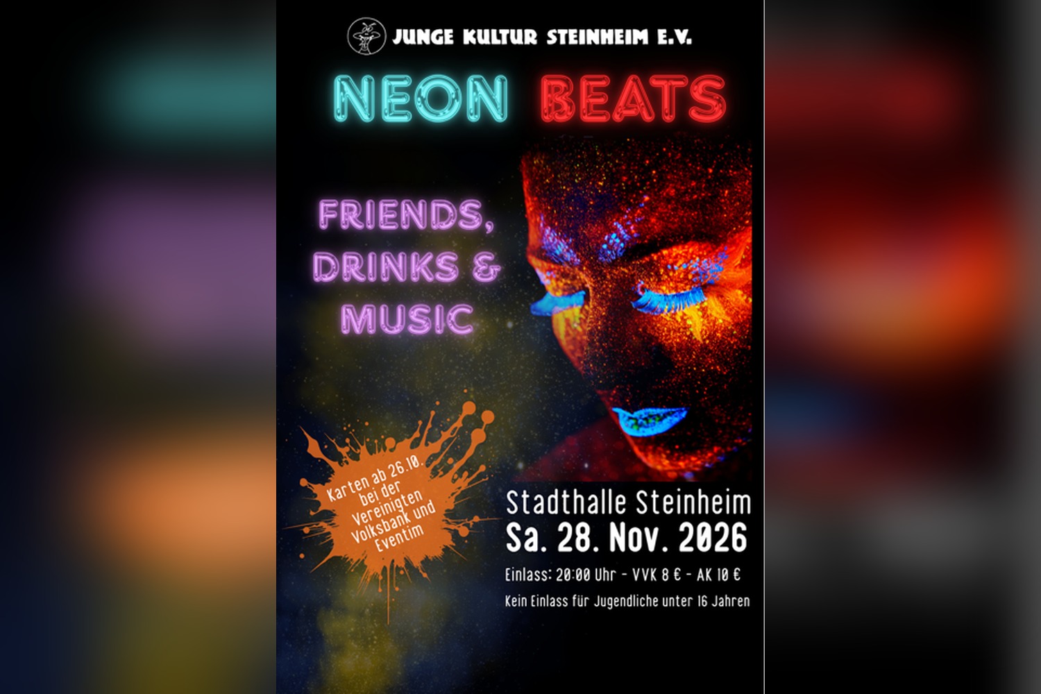 Plakat „Neon Beats“ der Jungen Kultur Steinheim: Friends, Drinks & Music, Stadthalle Steinheim, Samstag 28. November 2026