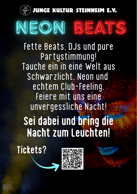 Flyer „Neon Beats“ mit leuchtender Schrift: Fette Beats, DJs und pure Partystimmung