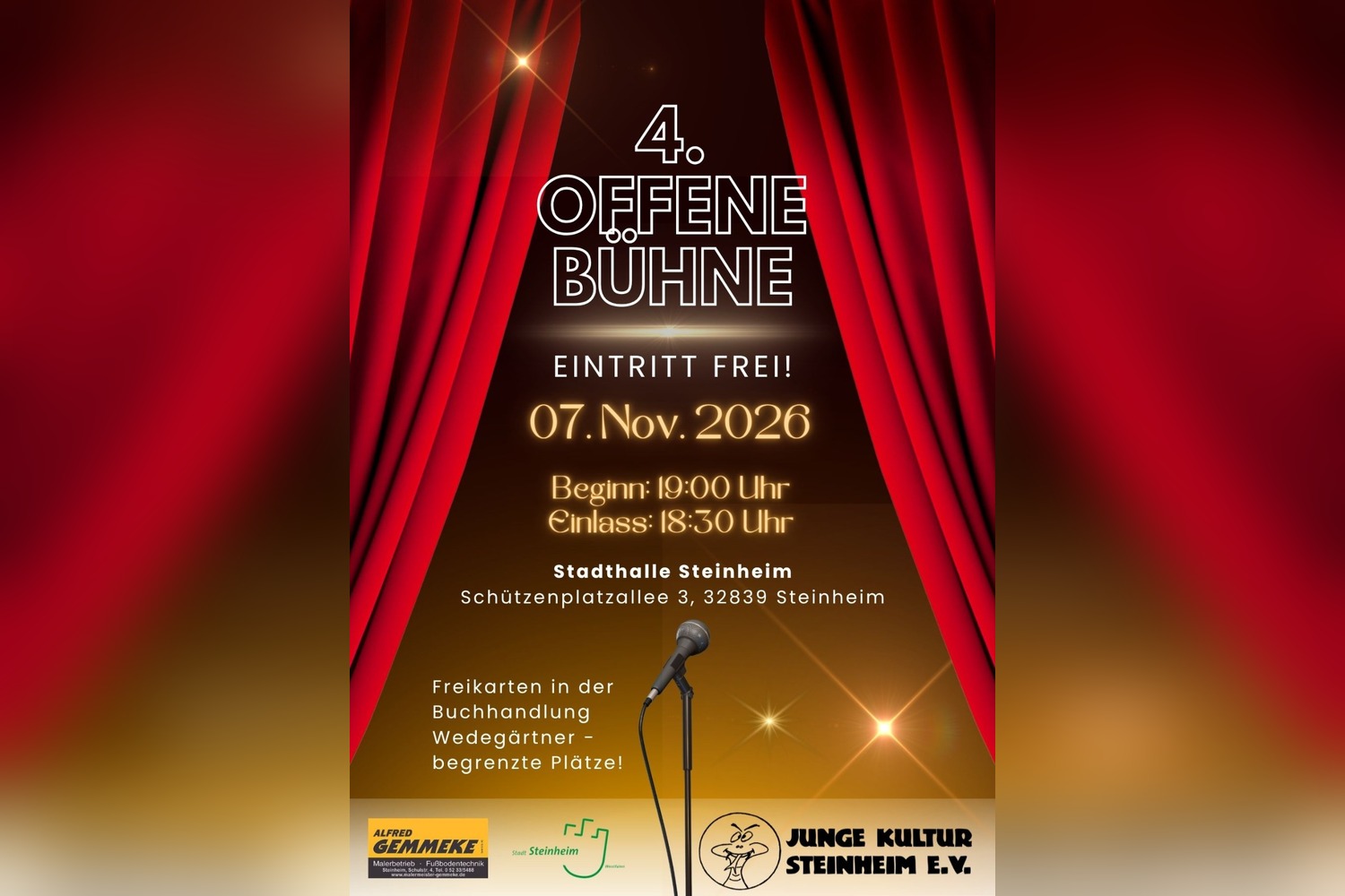 Plakat der 4. Offenen Bühne am 7. November 2026 in der Stadthalle Steinheim