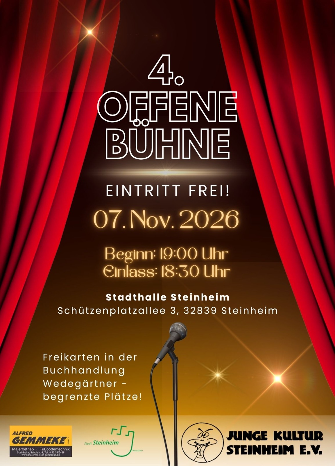 Plakat der 4. Offenen Bühne: Eintritt frei, 7. November 2026, Beginn 19 Uhr, Einlass 18:30 Uhr, Stadthalle Steinheim