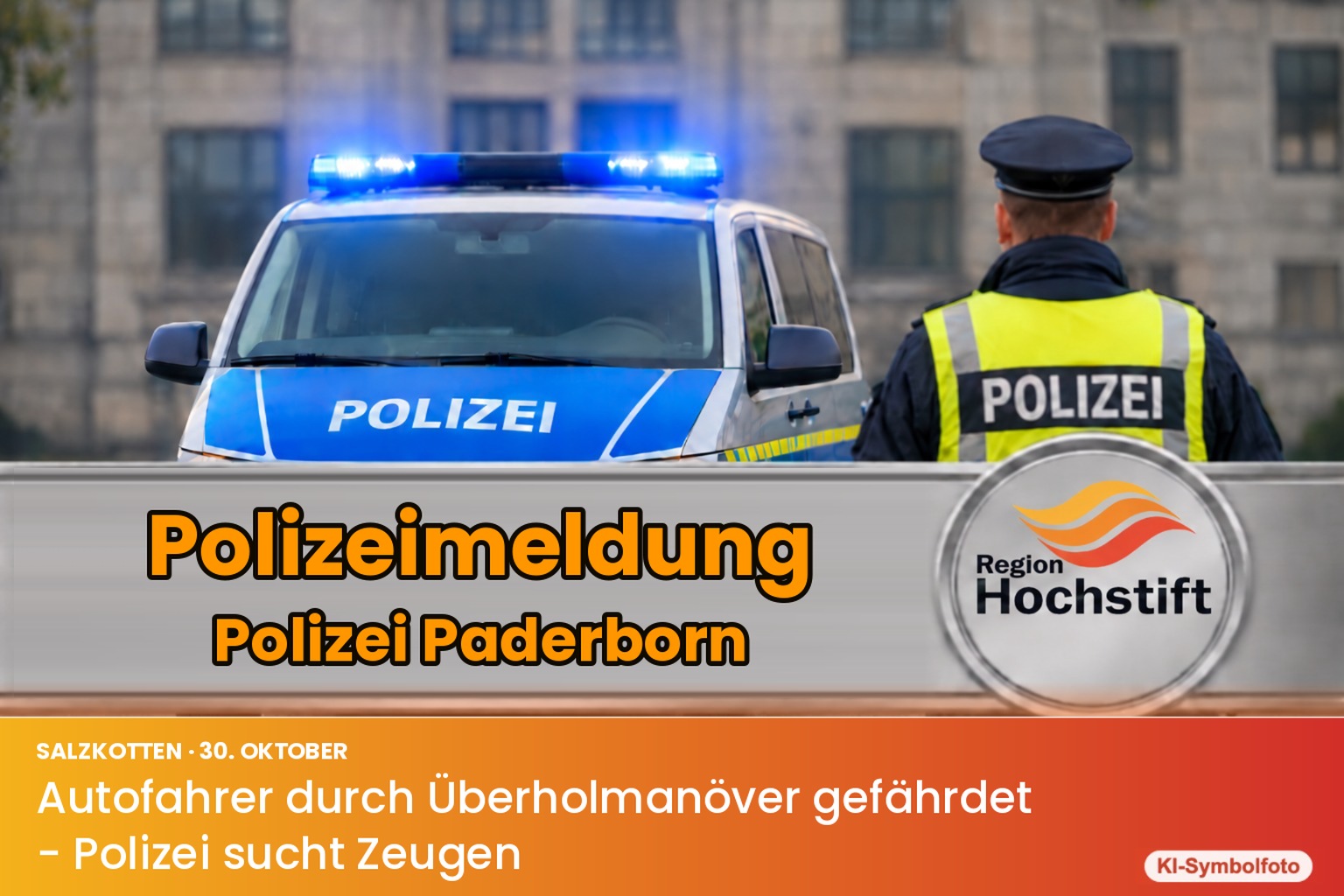 Polizeimeldung Polizei Paderborn: Autofahrer durch Überholmanöver gefährdet - Polizei sucht Zeugen (KI-Symbolfoto)