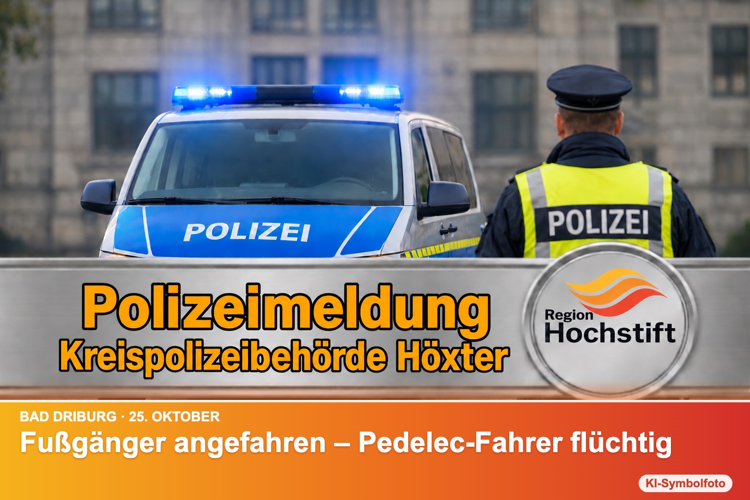 KI-Symbolfoto Polizei Höxter mit Kurzinfo: Fußgänger angefahren – Pedelec-Fahrer flüchtig