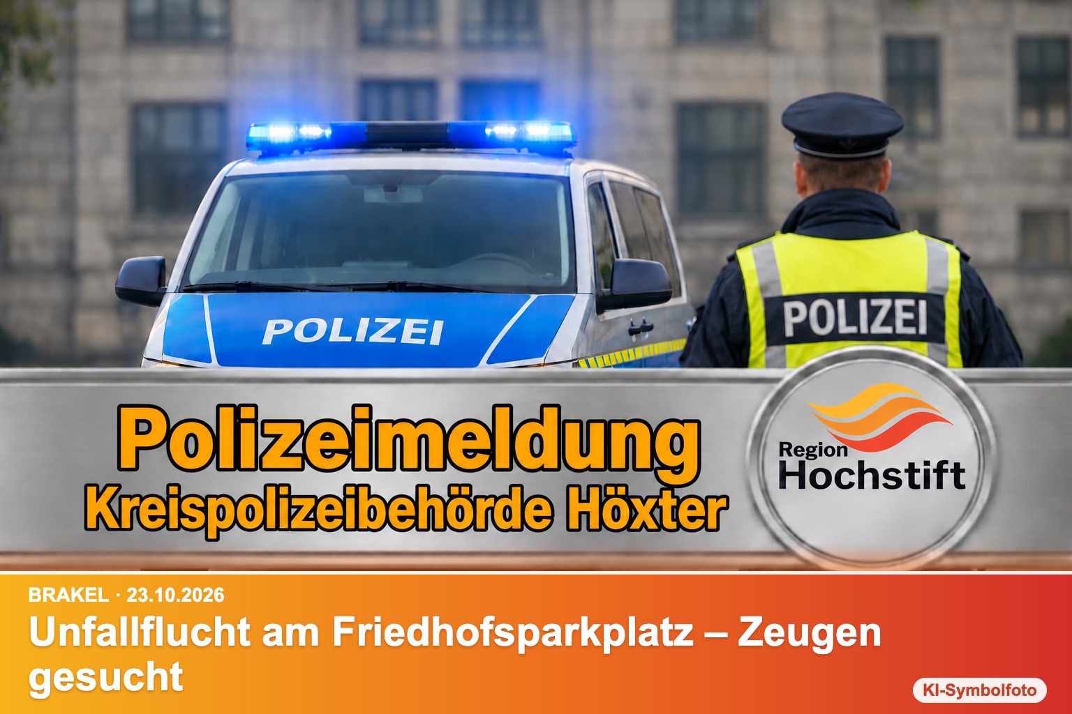 Symbolfoto Polizei Höxter mit Kurzinfo: Unfallflucht am Friedhofsparkplatz in Brakel