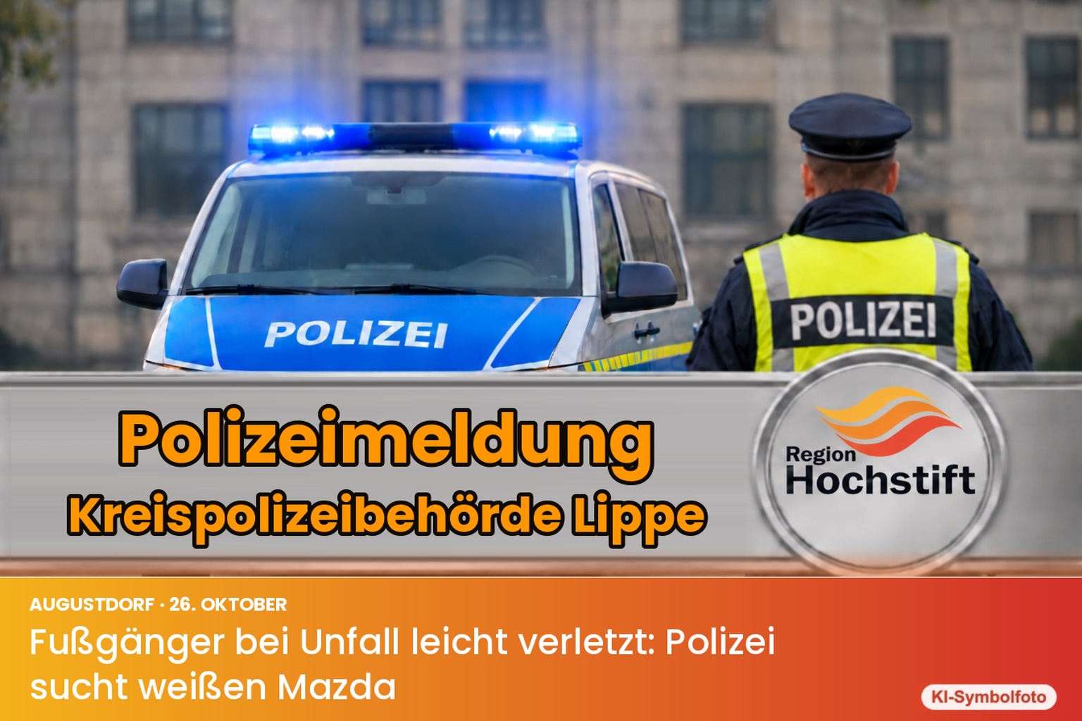 Symbolfoto (KI-generiert): Polizeifahrzeug mit Blaulicht und Einsatzkraft, darunter Textband: Polizeimeldung Kreispolizeibehörde Lippe: Fußgänger bei Unfall in Augustdorf verletzt