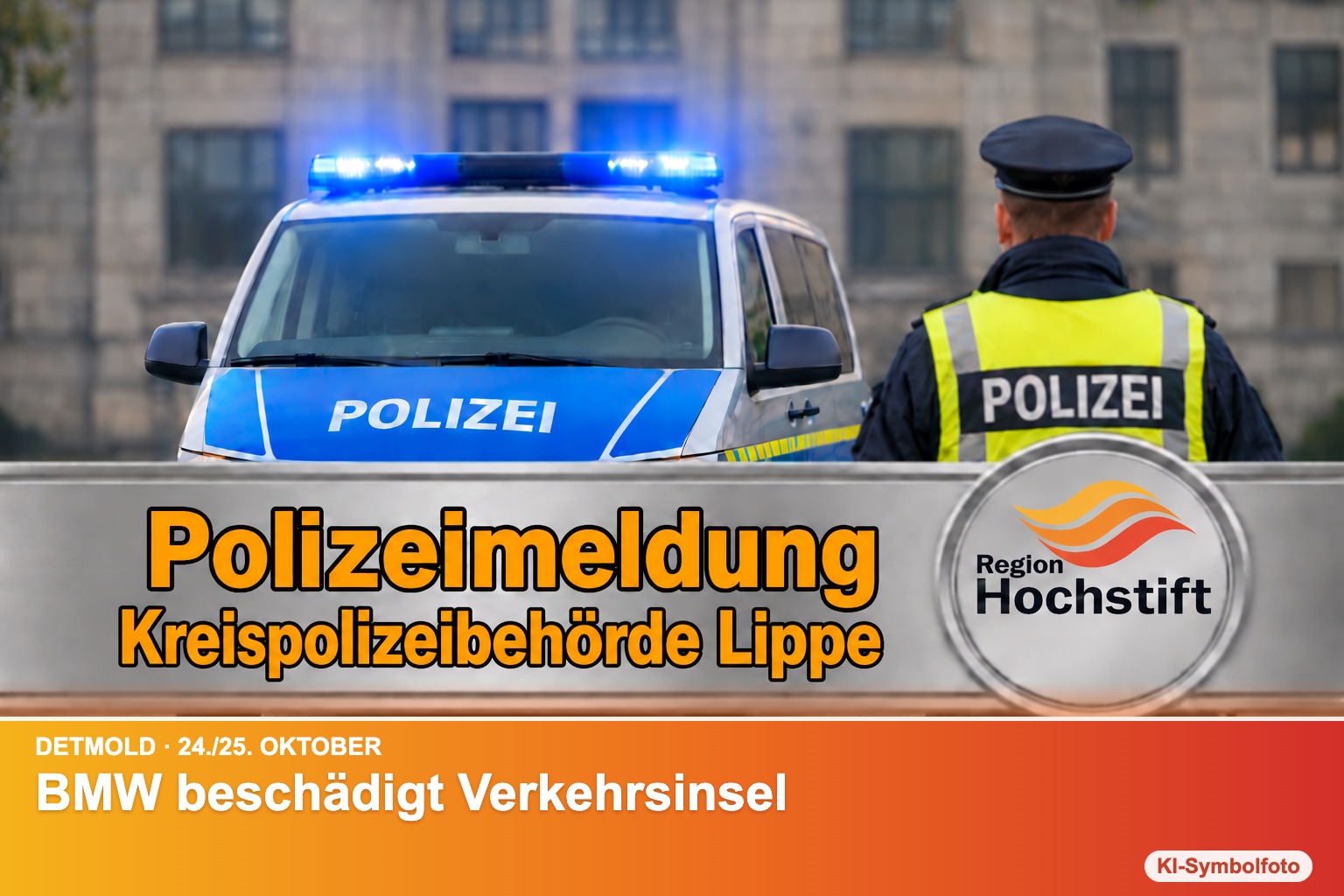 KI-Symbolfoto Polizei Lippe mit Kurzinfo: BMW beschädigt Verkehrsinsel
