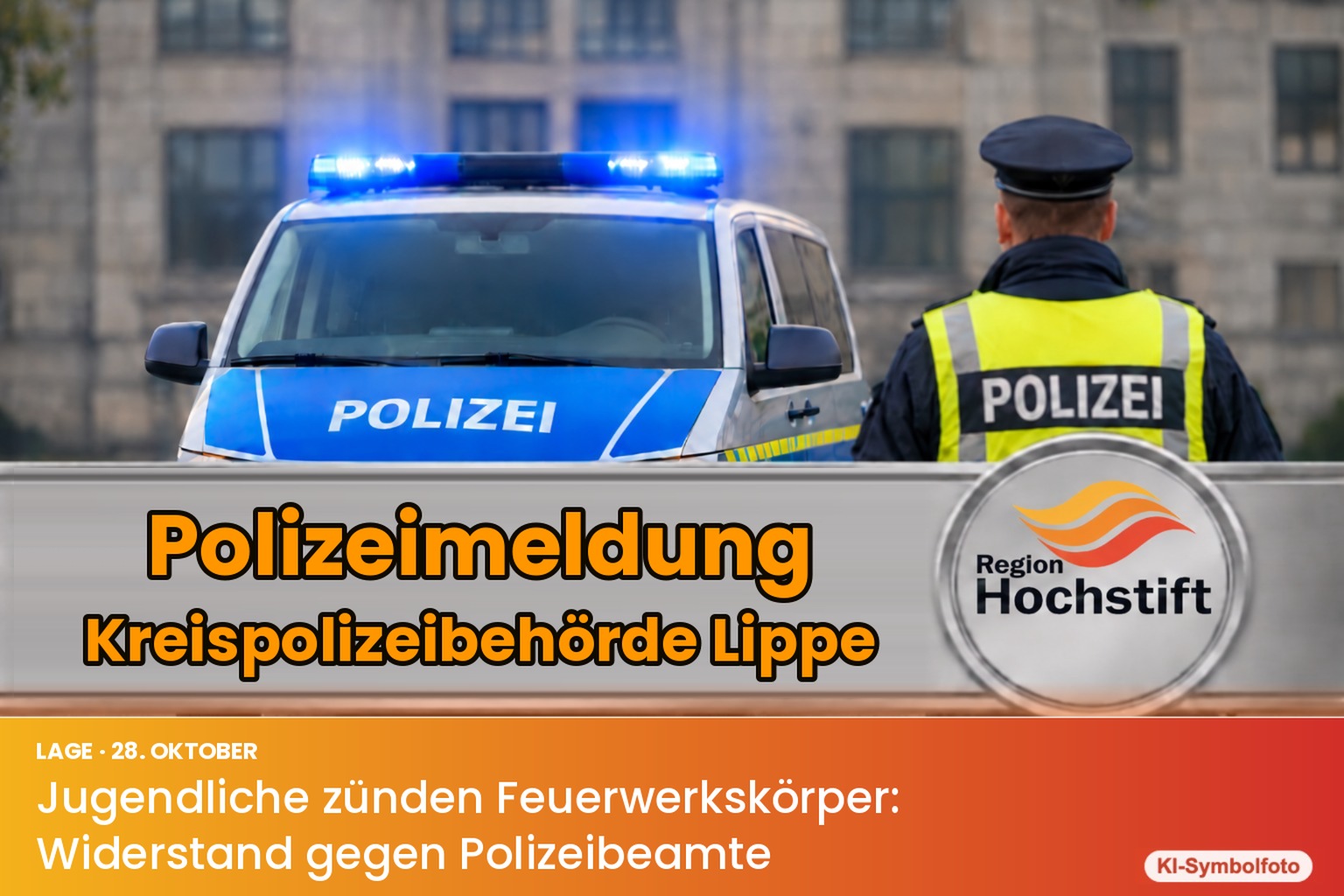 Symbolfoto (KI-generiert): Polizeifahrzeug mit Blaulicht und Einsatzkraft, darunter Textband: Polizeimeldung Kreispolizeibehörde Lippe: Jugendliche zünden Feuerwerkskörper in Lage