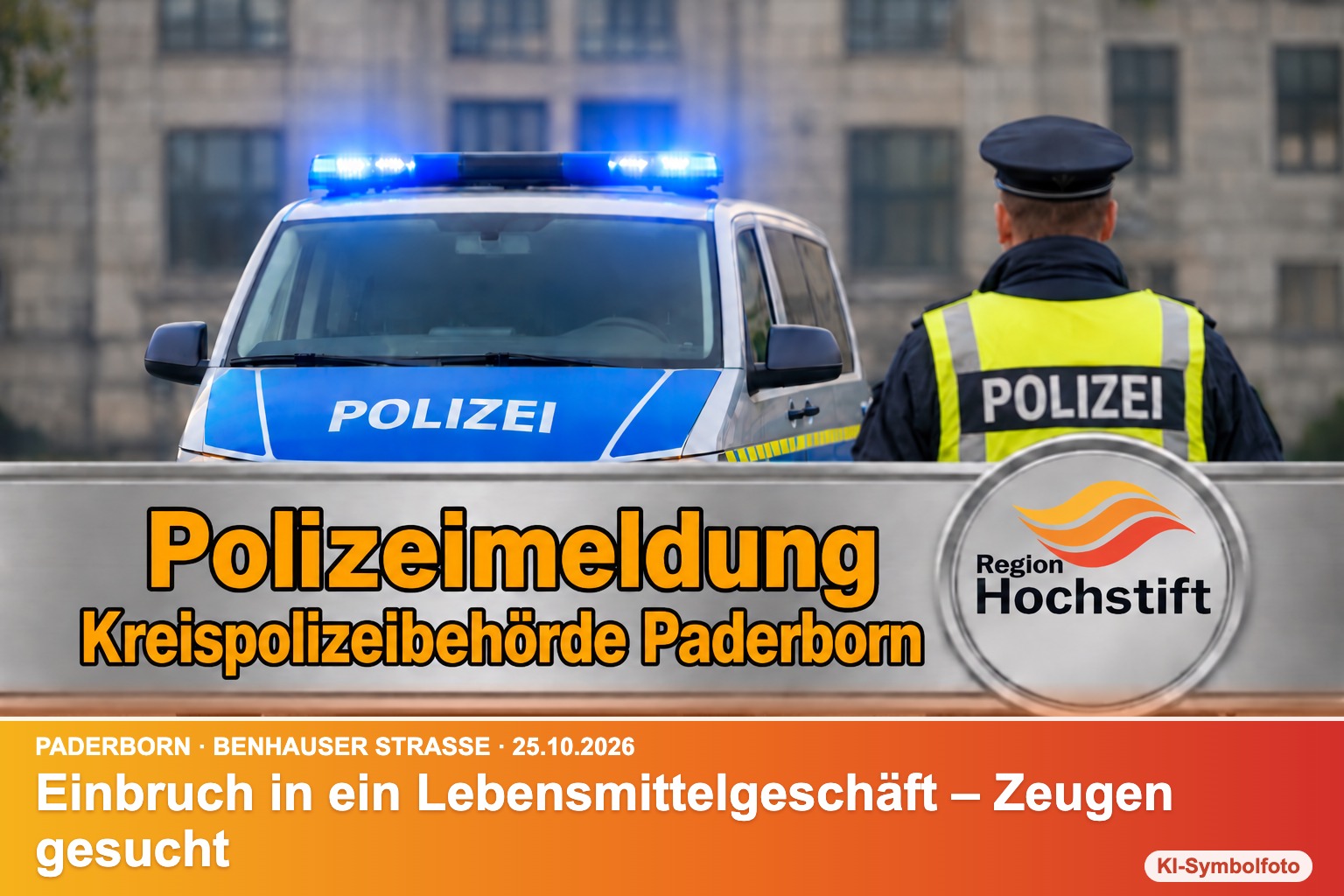 Symbolfoto Polizei Paderborn mit Kurzinfo: Einbruch in ein Lebensmittelgeschäft – Zeugen gesucht