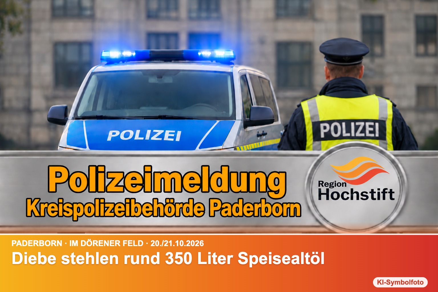 Symbolfoto Polizei Paderborn mit Kurzinfo: Diebe stehlen rund 350 Liter Speisealtöl