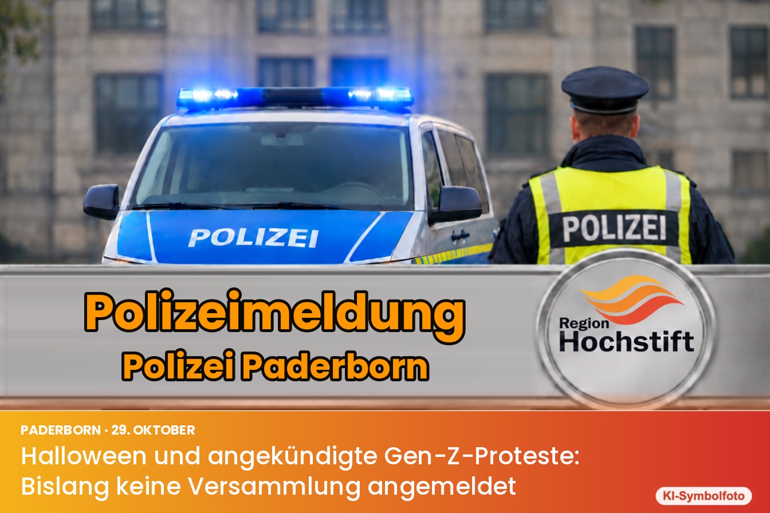 Symbolfoto (KI-generiert): Polizeifahrzeug mit Blaulicht und Einsatzkraft, darunter Textband: Polizeimeldung Polizei Paderborn: Halloween und angekündigte Gen-Z-Proteste