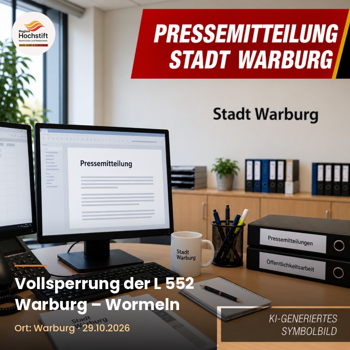 Symbolbild (KI-generiert): Büro mit Pressemitteilung der Stadt Warburg