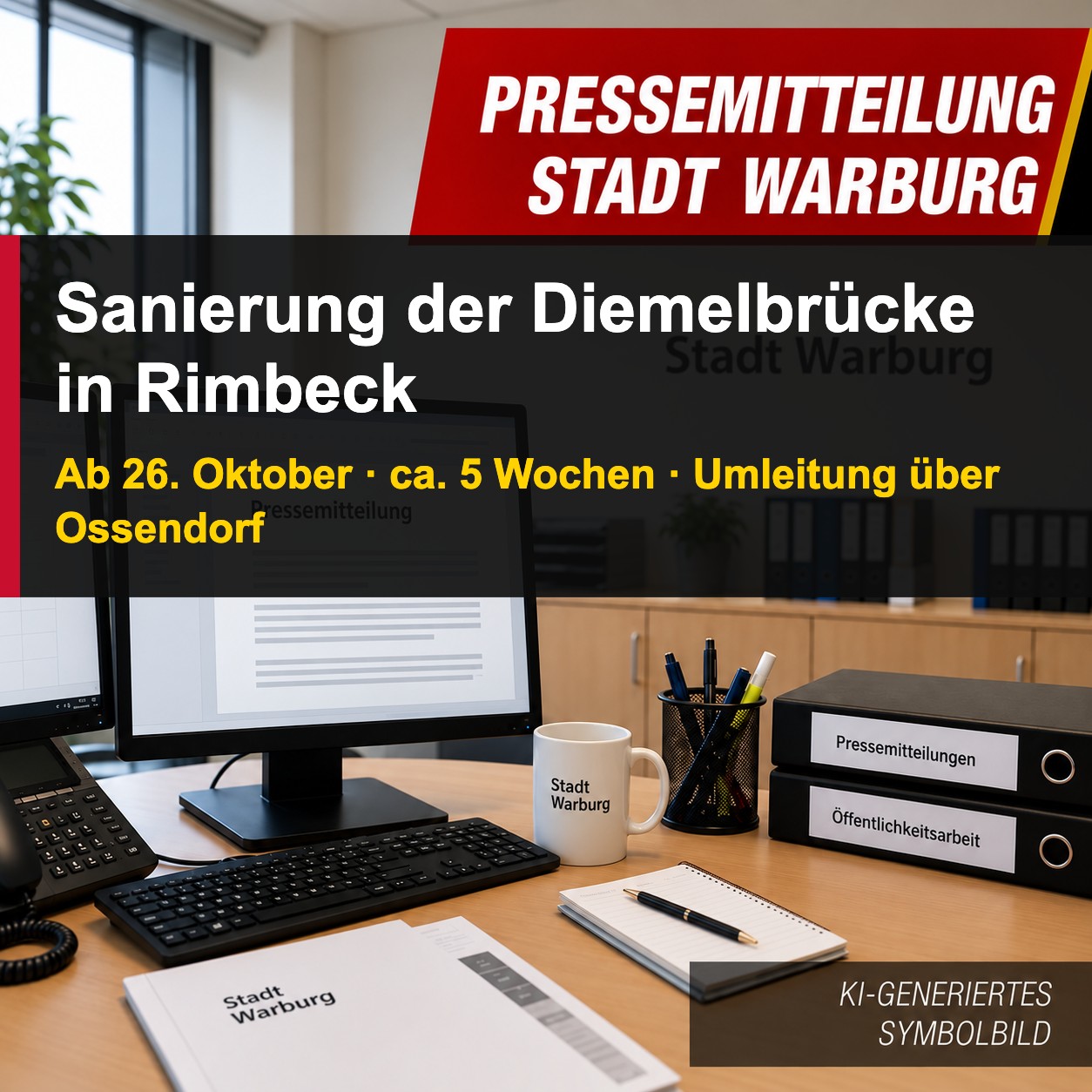 Symbolbild Hansestadt Warburg mit Hinweis: Sanierung der Diemelbrücke in Rimbeck