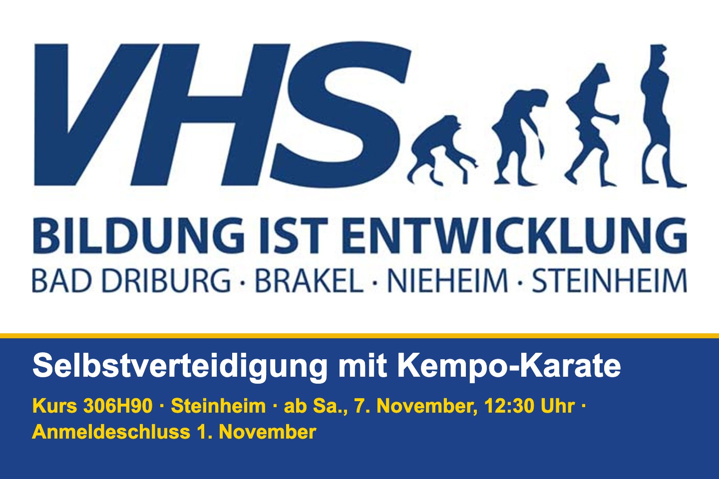 VHS-Logo mit Kurshinweis: Selbstverteidigung mit Kempo-Karate, Kurs 306H90, Steinheim