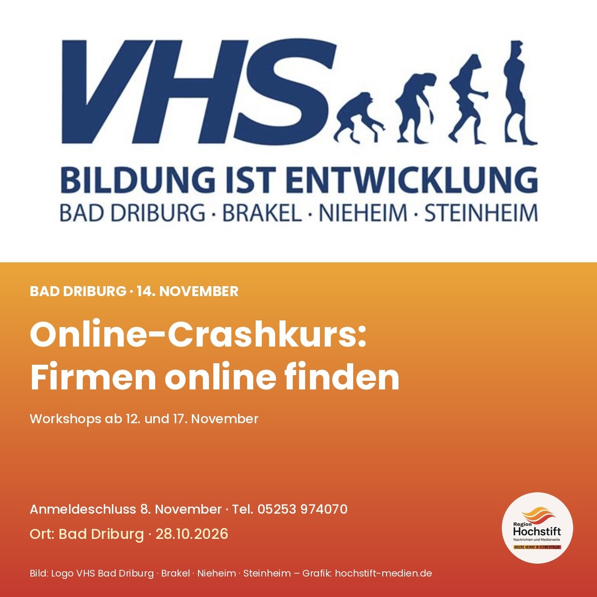 Logo der VHS Bad Driburg, Brakel, Nieheim, Steinheim mit Hinweis auf den Online-Crashkurs