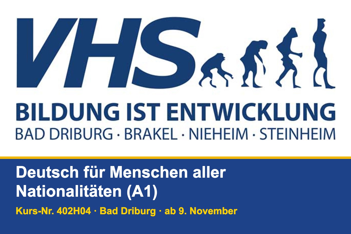 Logo VHS Bad Driburg, Brakel, Nieheim, Steinheim mit Kurshinweis Deutsch A1, Kurs 402H04