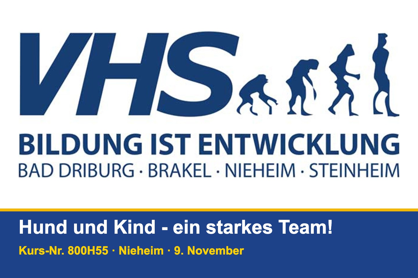 Logo VHS Bad Driburg, Brakel, Nieheim, Steinheim mit Kurshinweis Hund und Kind, Kurs 800H55