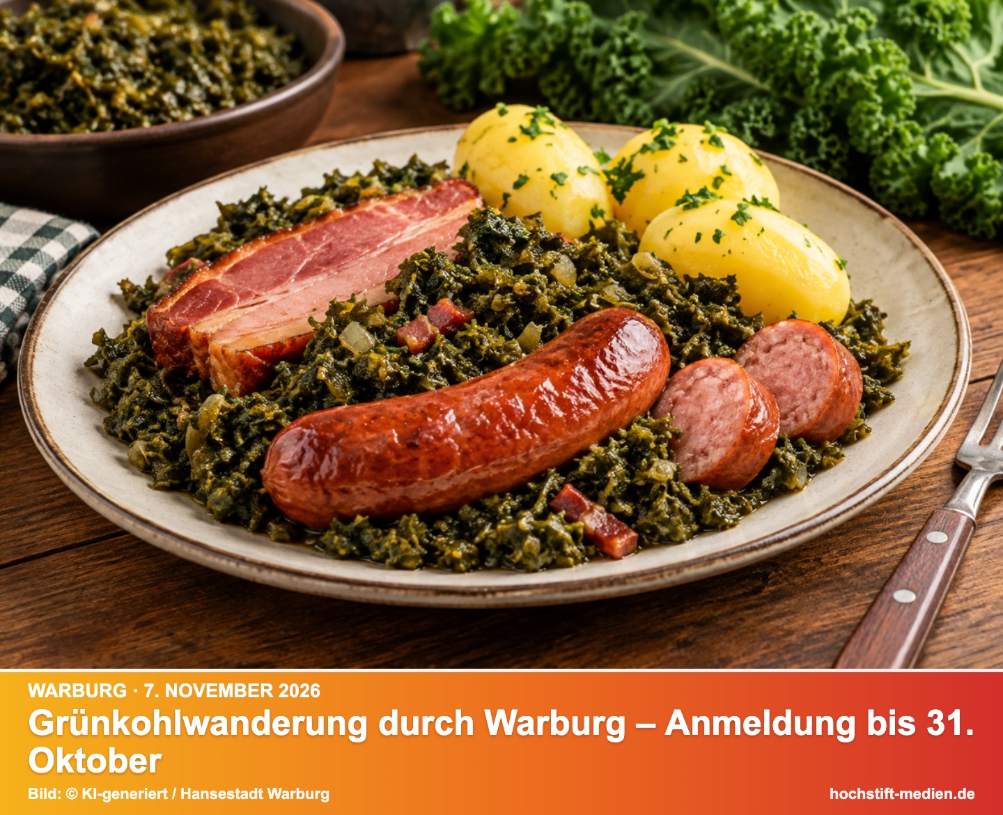 KI-generiertes Bild zur Grünkohlwanderung in Warburg – Kurzinfo: Grünkohlwanderung durch Warburg – Anmeldung bis 31. Oktober